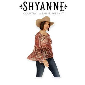 Shyanne Rust Copper Boho Peasant Top Semi Sheer Chiffon Long Sleeve Size M